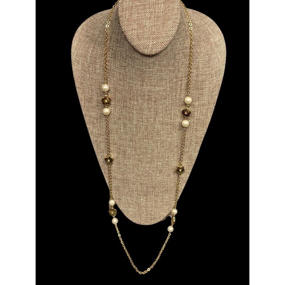 Givenchy Jewelry - Givenchy Gold Tone Faux Pearl Flower Station Necklace 40 Inch Long Logo Charms
